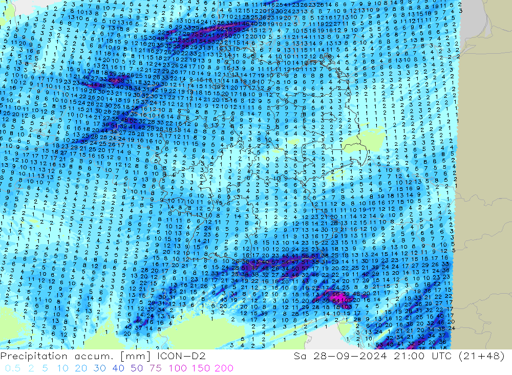 Precipitation accum. ICON-D2 Sáb 28.09.2024 21 UTC