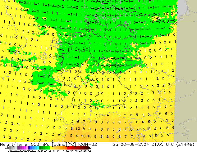 Height/Temp. 850 hPa ICON-D2  28.09.2024 21 UTC