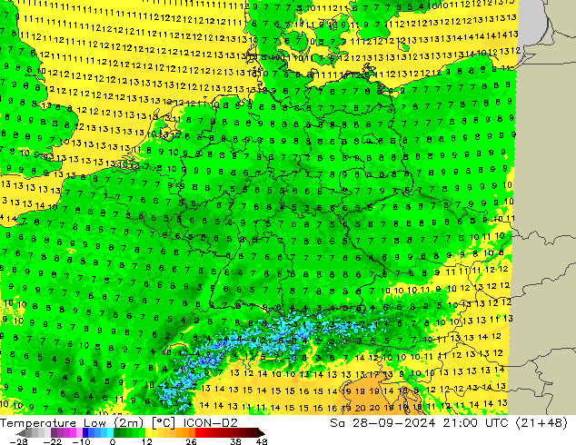 temperatura mín. (2m) ICON-D2 Sáb 28.09.2024 21 UTC