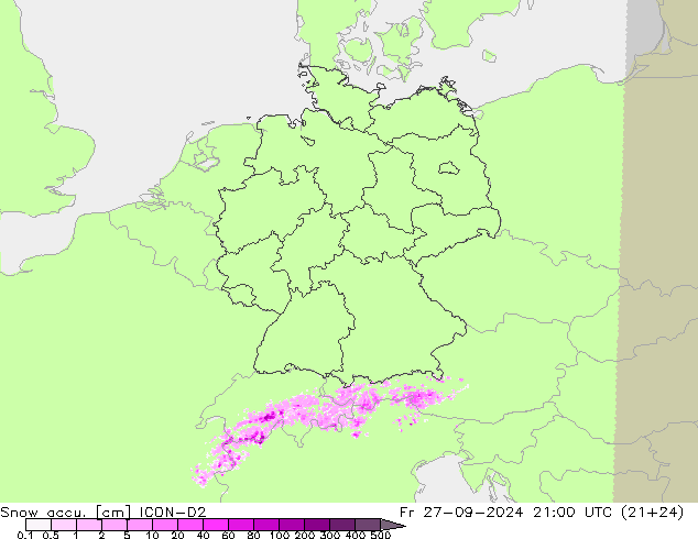 Snow accu. ICON-D2 Fr 27.09.2024 21 UTC