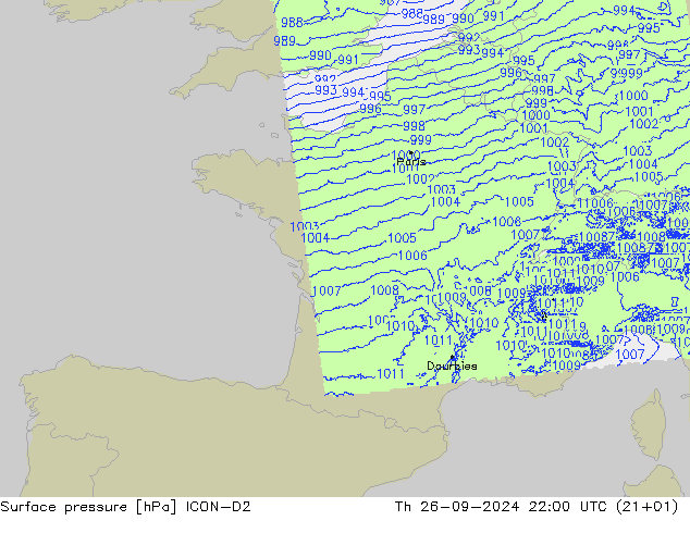 Surface pressure ICON-D2 Th 26.09.2024 22 UTC