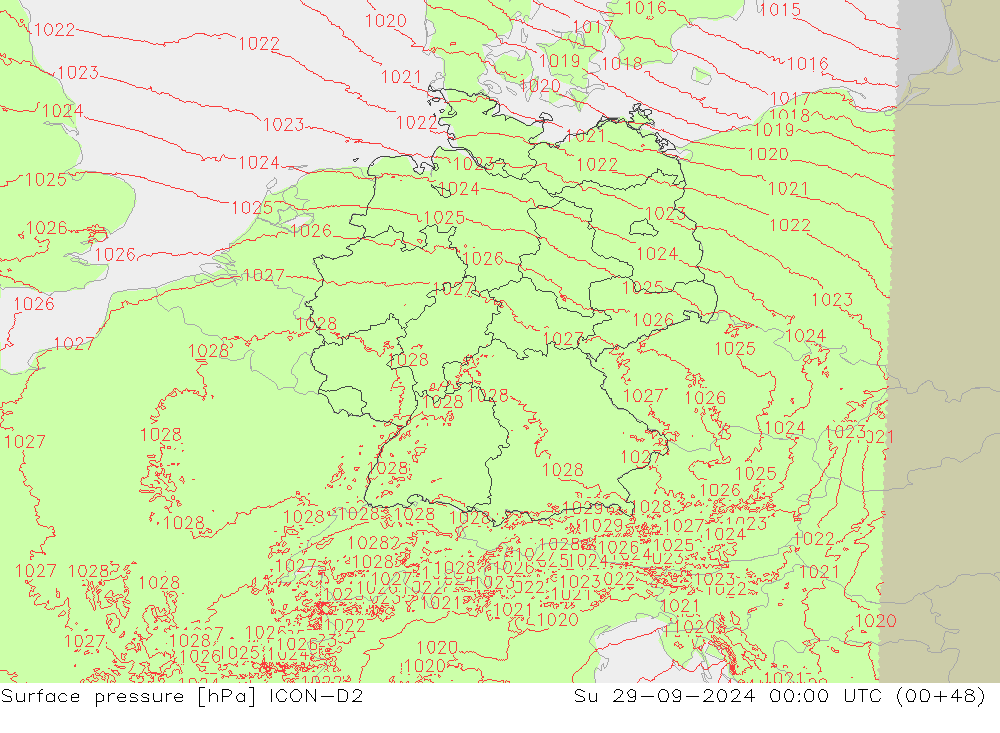 Surface pressure ICON-D2 Su 29.09.2024 00 UTC