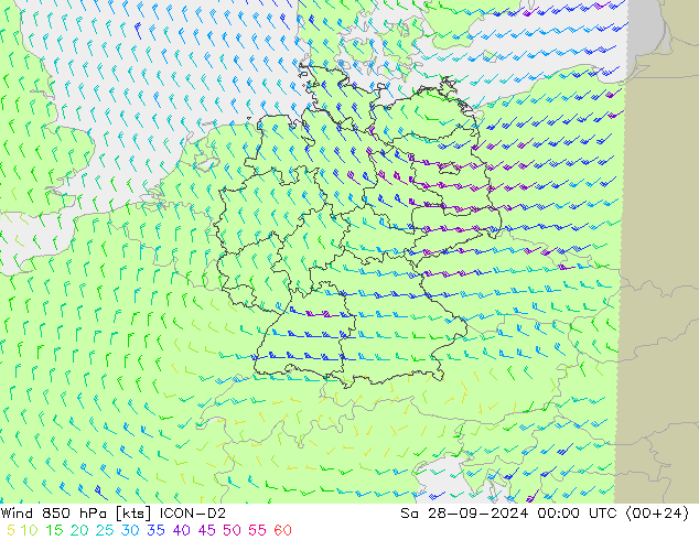 Wind 850 hPa ICON-D2 Sa 28.09.2024 00 UTC