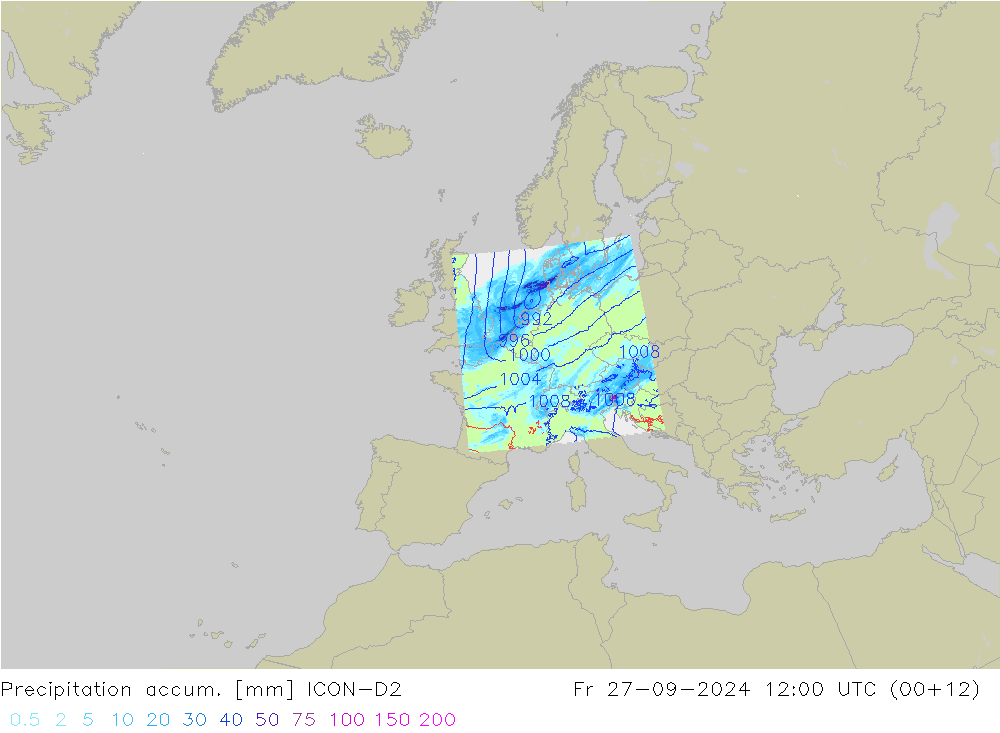 Precipitation accum. ICON-D2 ven 27.09.2024 12 UTC