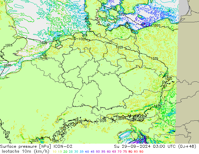 Isotachs (kph) ICON-D2  29.09.2024 03 UTC