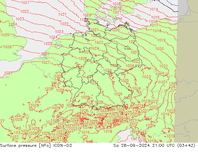 Presión superficial ICON-D2 sáb 28.09.2024 21 UTC