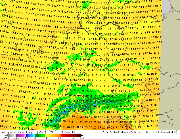 Temperature High (2m) ICON-D2 Sa 28.09.2024 21 UTC