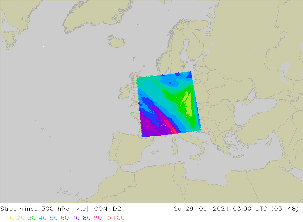 Ligne de courant 300 hPa ICON-D2 dim 29.09.2024 03 UTC