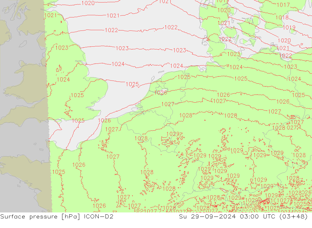 Surface pressure ICON-D2 Su 29.09.2024 03 UTC