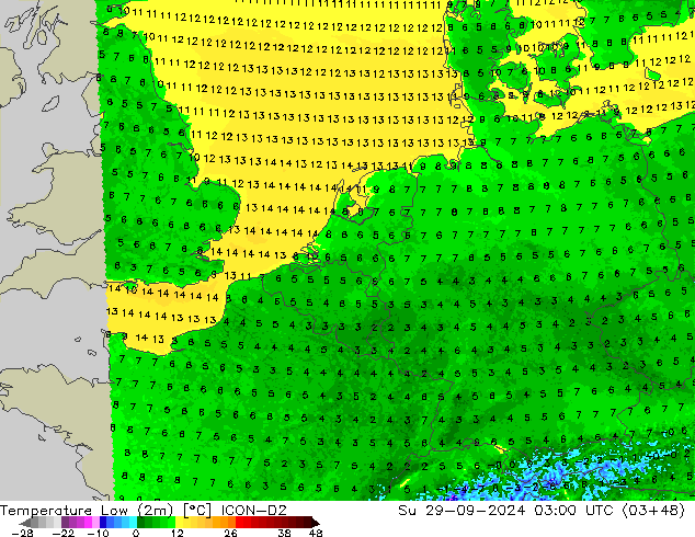 Min.temperatuur (2m) ICON-D2 zo 29.09.2024 03 UTC