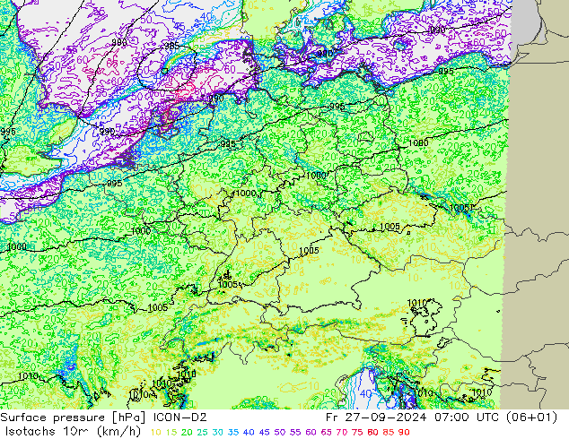 Isotachen (km/h) ICON-D2 Fr 27.09.2024 07 UTC