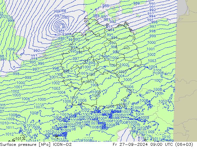 Surface pressure ICON-D2 Fr 27.09.2024 09 UTC