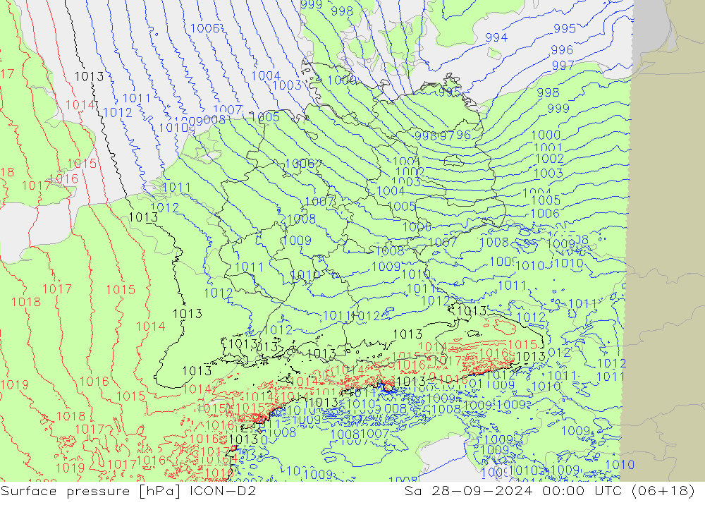 Atmosférický tlak ICON-D2 So 28.09.2024 00 UTC