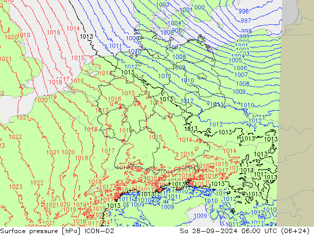 pressão do solo ICON-D2 Sáb 28.09.2024 06 UTC