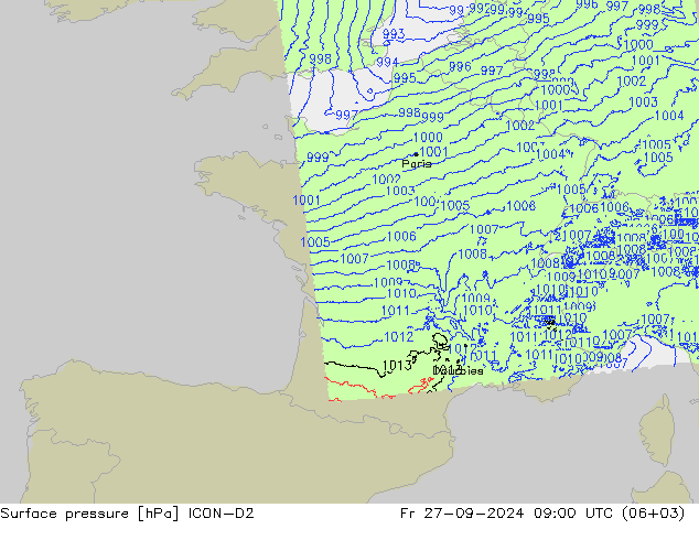 Pressione al suolo ICON-D2 ven 27.09.2024 09 UTC