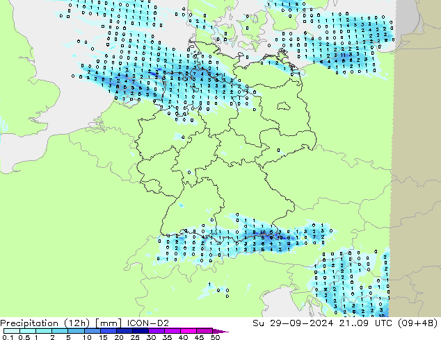 осадки (12h) ICON-D2 Вс 29.09.2024 09 UTC