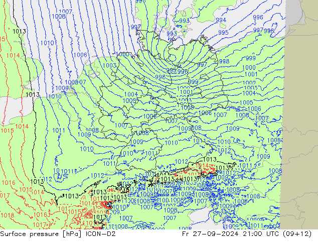 Surface pressure ICON-D2 Fr 27.09.2024 21 UTC