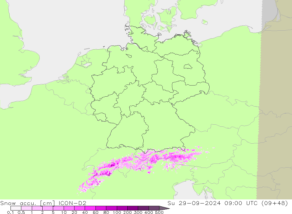 Totale sneeuw ICON-D2 zo 29.09.2024 09 UTC