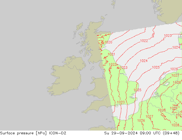 Surface pressure ICON-D2 Su 29.09.2024 09 UTC