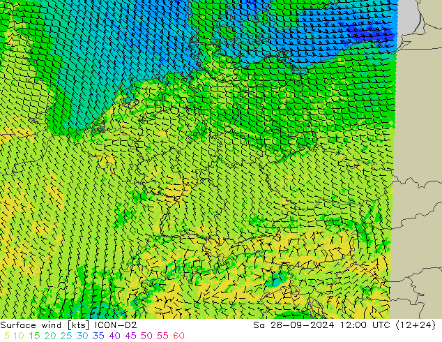 Wind 10 m ICON-D2 za 28.09.2024 12 UTC