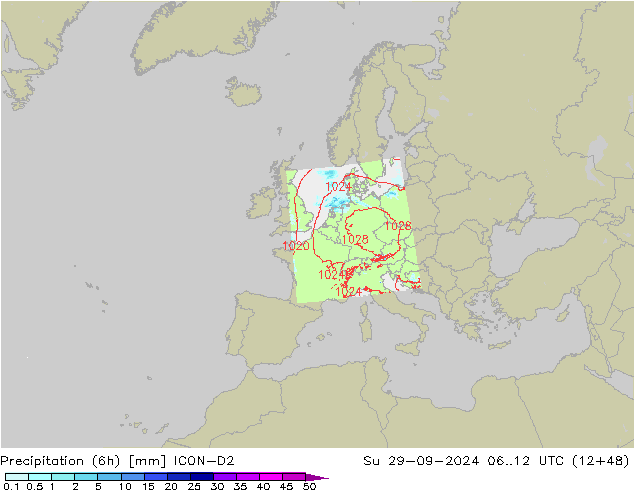 Totale neerslag (6h) ICON-D2 zo 29.09.2024 12 UTC