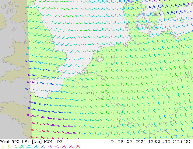 Wind 500 hPa ICON-D2 zo 29.09.2024 12 UTC