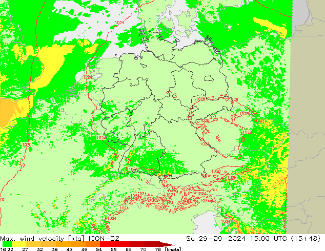 Max. wind snelheid ICON-D2 zo 29.09.2024 15 UTC