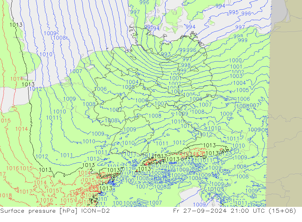 地面气压 ICON-D2 星期五 27.09.2024 21 UTC