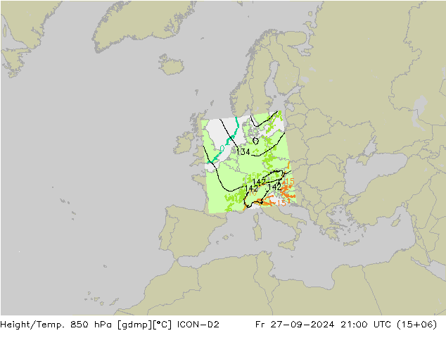 Hoogte/Temp. 850 hPa ICON-D2 vr 27.09.2024 21 UTC