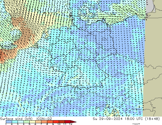Wind 10 m (bft) ICON-D2 zo 29.09.2024 18 UTC