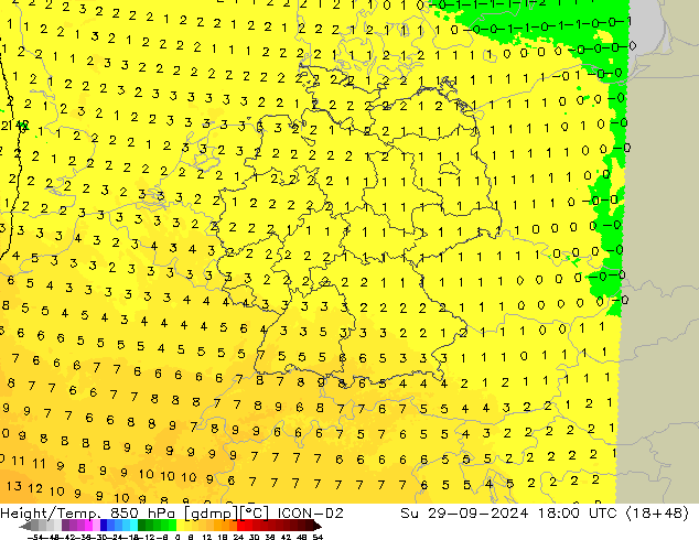 Hoogte/Temp. 850 hPa ICON-D2 zo 29.09.2024 18 UTC