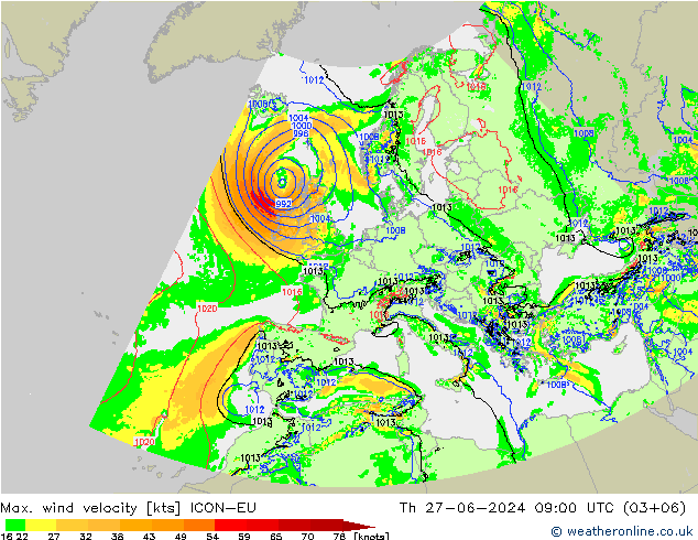 Max. wind snelheid ICON-EU do 27.06.2024 09 UTC