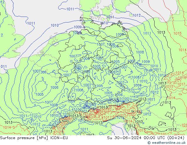 Luchtdruk (Grond) ICON-EU zo 30.06.2024 00 UTC