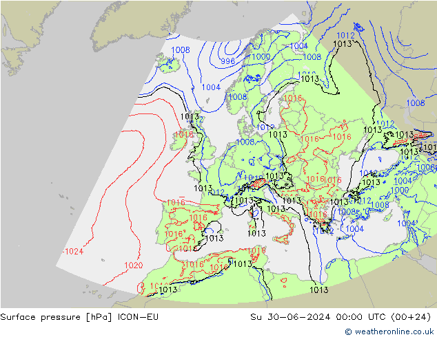 Luchtdruk (Grond) ICON-EU zo 30.06.2024 00 UTC