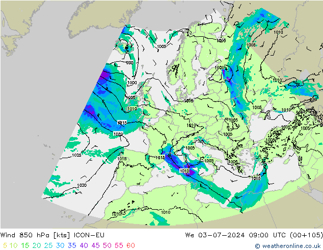 风 850 hPa ICON-EU 星期三 03.07.2024 09 UTC