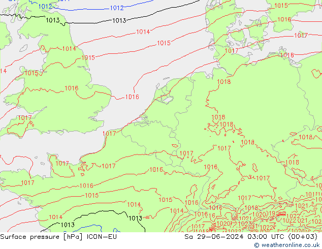 地面气压 ICON-EU 星期六 29.06.2024 03 UTC