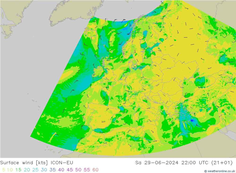风 10 米 ICON-EU 星期六 29.06.2024 22 UTC
