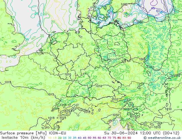 10米等风速线 (kph) ICON-EU 星期日 30.06.2024 12 UTC