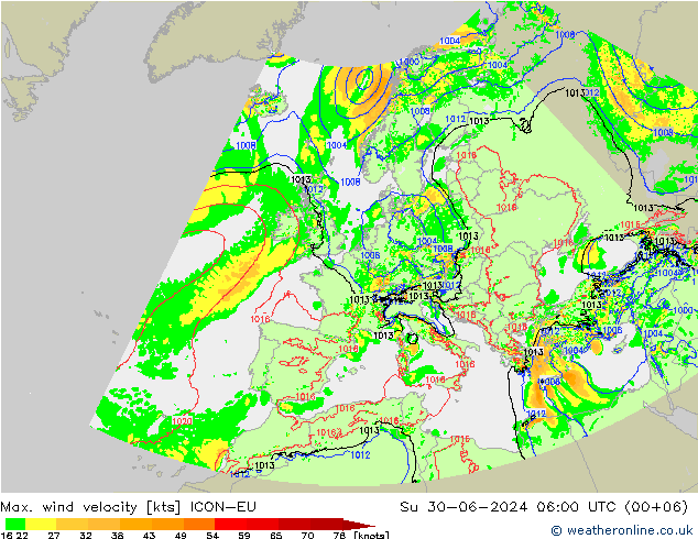 Max. wind velocity ICON-EU 星期日 30.06.2024 06 UTC