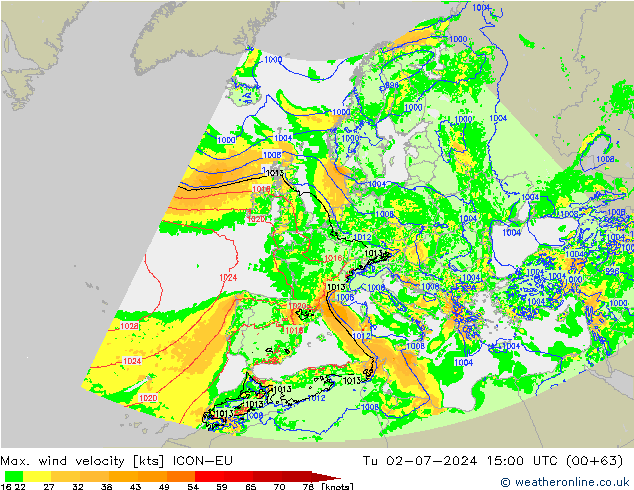 Max. wind velocity ICON-EU 星期二 02.07.2024 15 UTC