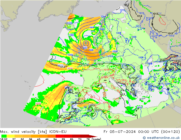 Max. wind velocity ICON-EU 星期五 05.07.2024 00 UTC