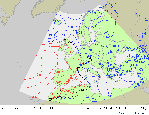 地面气压 ICON-EU 星期二 02.07.2024 12 UTC