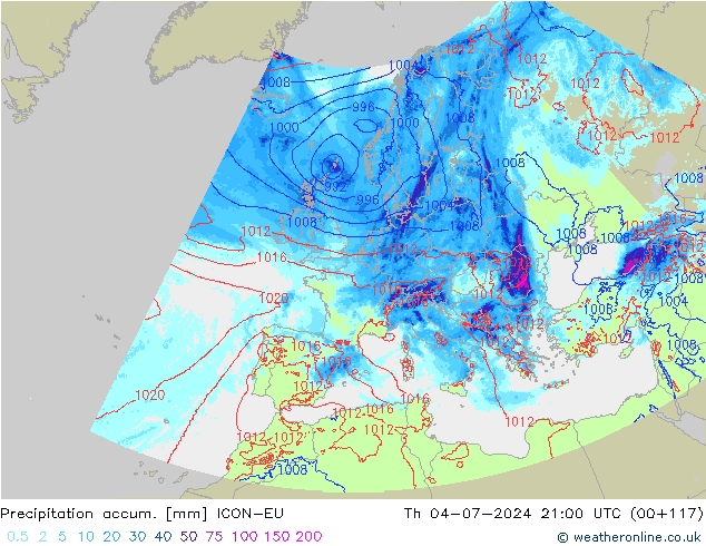 Precipitation accum. ICON-EU 星期四 04.07.2024 21 UTC