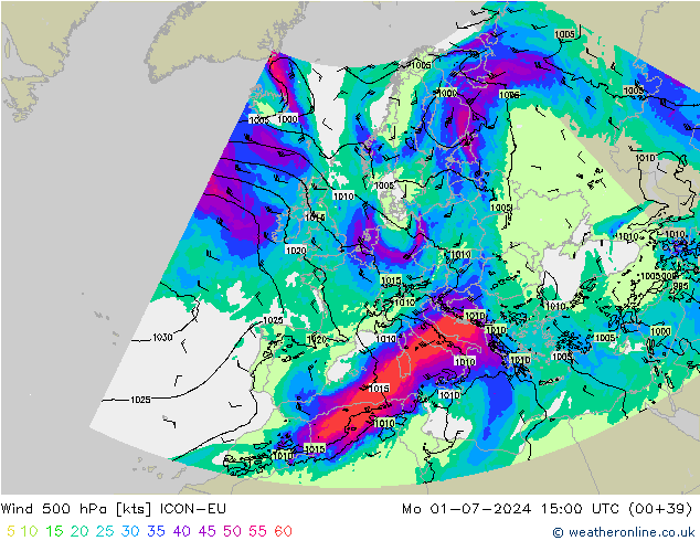 Wind 500 hPa ICON-EU Mo 01.07.2024 15 UTC
