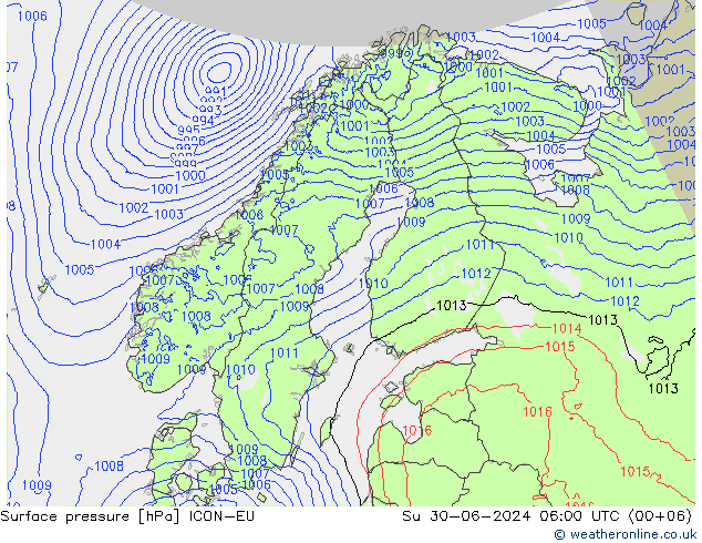 地面气压 ICON-EU 星期日 30.06.2024 06 UTC