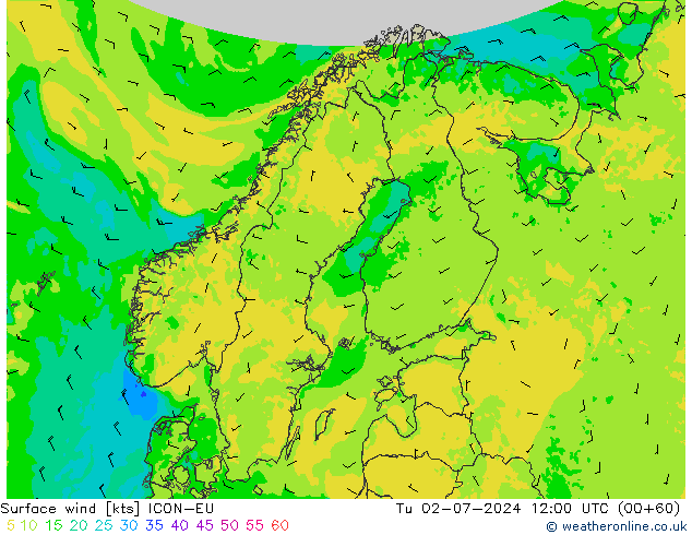 风 10 米 ICON-EU 星期二 02.07.2024 12 UTC