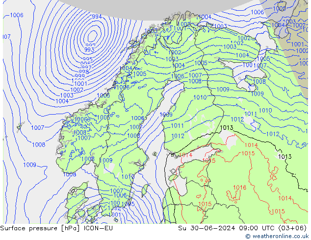 地面气压 ICON-EU 星期日 30.06.2024 09 UTC