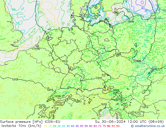 Isotachen (km/h) ICON-EU zo 30.06.2024 12 UTC