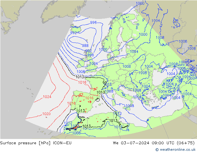 地面气压 ICON-EU 星期三 03.07.2024 09 UTC
