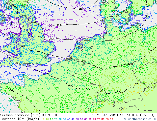 Isotachen (km/h) ICON-EU do 04.07.2024 09 UTC